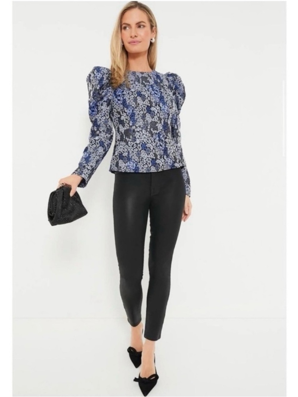 Hyacinth House Priscilla Puff Sleeve Top Blue Floral Jacquard Size Small